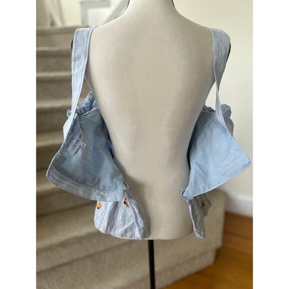 Lud Von Siga Blue Cotton Pleat Off Shoulder Puff Sleeve Peplum Daisy Blouse - Picture 6 of 8